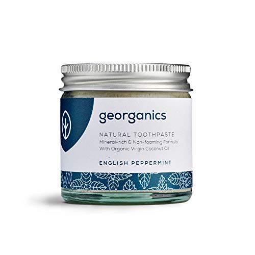 Georganics - Pasta de Dientes Blanqueadora Orgánica Rica en Minerales - Fórmula No Espumosa con Aceite de Coco Virgen Orgánico - Vegana y Cruelty Free, sin Flúor et SLS - Menta Inglesa - 60ml