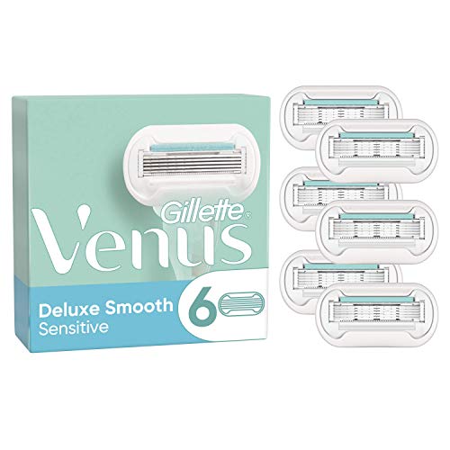Gillette Venus Deluxe - Cuchillas de afeitar suaves y sensibles para mujer, paquete de 6 recambios de cuchillas de afeitar, Lubrastrip con un toque de aloe vera