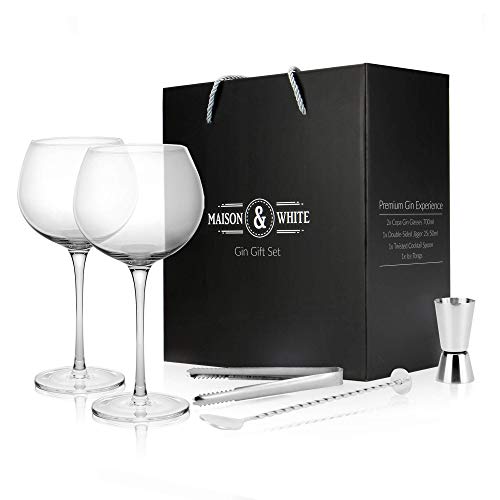 Gin Glass Set de regalo | 2 vasos de ginebra, cuchara de cóctel, pinzas y aparejo incluido | Set de caja de regalo de barware | Gafas Copa de Balon | M&W