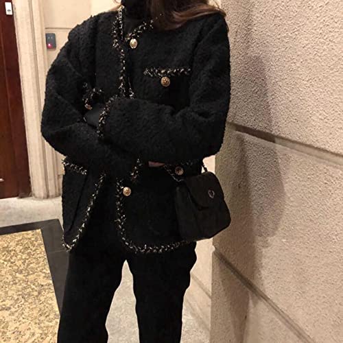 GJGFKO Coreano Femenino Negro Tweed Chaqueta Abrigo Mujer de Prendas Exteriores Abrigos Estilo Chanel Estilo za Traje Corto Rayado Kawaii Vintage Traje de Moda-Black,M bust104cm