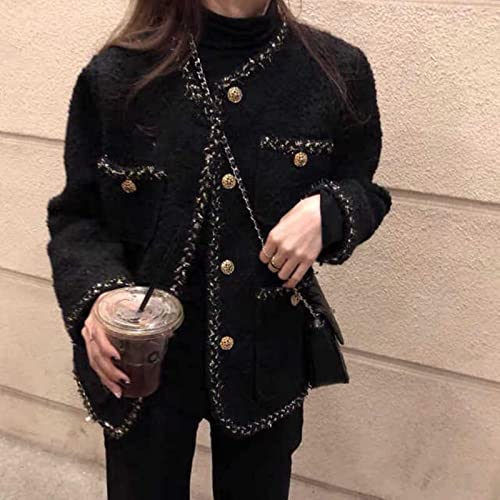 GJGFKO Coreano Femenino Negro Tweed Chaqueta Abrigo Mujer de Prendas Exteriores Abrigos Estilo Chanel Estilo za Traje Corto Rayado Kawaii Vintage Traje de Moda-Black,M bust104cm