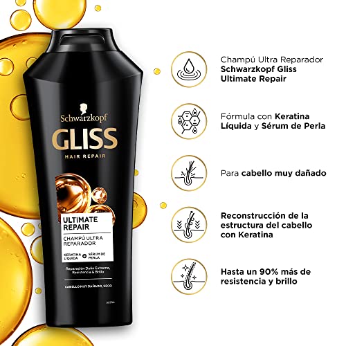 Gliss - Champú para pelo muy dañado con Keratina Líquida - Ultimate Repair - 6uds de 370ml (2.220ml) – Gama ultra reparación