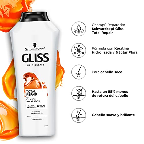 Gliss - Champú reparador para pelo seco - Total Repair -6uds de 250ml (1.500ml) – Gama reparación