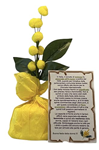 GMM Mimosa - Lámpara de pie artificial, mimosa efecto natural con pergamino "Historia de la mimosa" para el día de la mujer, centro de mesa, marcapáginas, H14