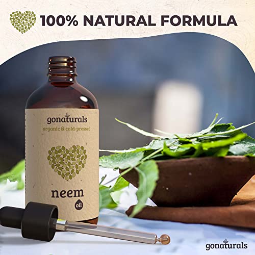 GoNaturals Aceite de Neem Bio 100% Puro - Aceite Neem para Cabello, Cara y Cuerpo - Organic Neem Oil, Efecto Anticaspa y Antiacne - Repelente Natural de Piojos y Mosquitos - Aceite Arbol Neem, 100ml