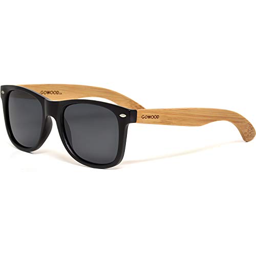 GOWOOD Gafas de sol para hombre y mujer con patillas de madera de bambú y cristales negros polarizados