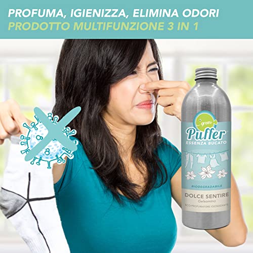 Green Puffer Esencia de ropa Dolce Sensure para la ropa y pequeños ambientes sin compuestos químicos. Eco-ambientador desinfectante y elimina olores. Perfume jazmín 500 ml. Fabricado en Italia