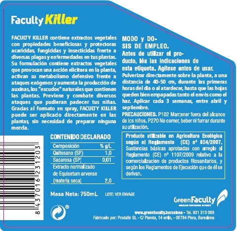 GreenFaculty - Killer - Insecticida, Fungicida Plantas de Interior y Jardín. Antiplagas Ecológico. Triple Acción contra Pulgones, Cochinillas, Araña Roja, Mosca Blanca, Oidio. 750 mL