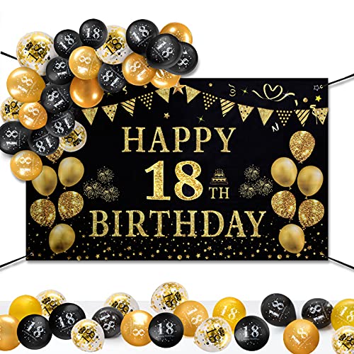 GuKKK 18 Años Decoración de Fiesta de Cumpleaños de Oro Negro, 18 Pancarta Feliz Cumpleaños, 15 Pcs Globos de Cumpleaños, Fondo Foto Cumpleaños, Póster de Tela Cartel Extra Grande para Niños Niñas
