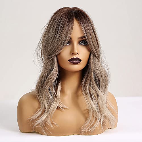 HAIRCUBE Pelucas largas y rizadas para mujeres con franja Ombre Color marrón ceniza a gris