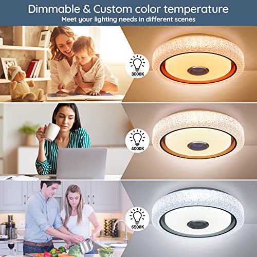 Halussoer Lampara LED Techo inteligente Con Altavoz Bluetooth, 48W 4000lm Plafon LED Techo WiFi, Compatible con Alexa y Google Home, Aplicable a la Cocina, Dormitorio, Sala de Estar, Ø40cm