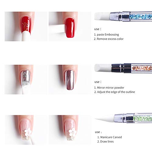 Hanyousheng 5 pcs Silicone Nail Sculpture Pen, Pinceles de Silicona de Doble Cabeza Nail, Herramientas de Dibujo Conjunto para Gel de Uñas con Mango de Diamantes de Imitación