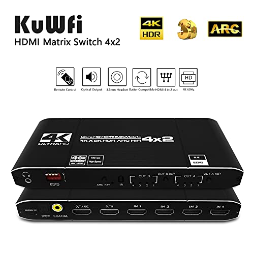 HDMI Switch 4K @ 60Hz,KuWFi Conmutador de HDMI Matrix 4 en 2 salidas HDMI Matriz 4x2 SPDIF 5.1CH & Salida óptica & L/R 3.5 mm Soporte ARC HDCP2.2,HDMI2.0b,4K HDR Auto EDID, Mando a distancia IR