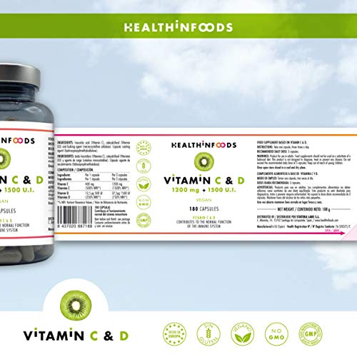 Healthinfoods | Vitamina C y D | 1200 mg de Vitamina C y 1500 U.I. de Vitamina C | Altamente Concentrada | Refuerza el Sistema Inmune y Fortalece tus Defensas | 180 Cápsulas Veganas