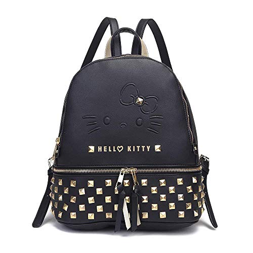 Hello Kitty Black - Bolso Mochila Rock, Color Negro con Tachuelas Doradas, 3 Compartimentos con Cremalleras, Tirantes Traseros Ajustables, Resistente y Duradero, Dim 30 x 25 x 11 cm