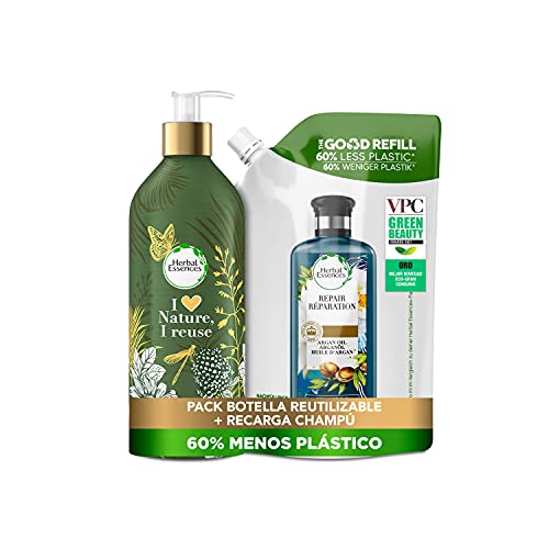 Herbal Essences - Repara kit básico de champú rellenable, botella rellenable y bolsa de recarga, aceite de argán de marruecos, 1 kit