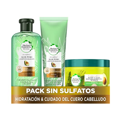 Herbal Essences Sin sulfatos ni Siliconas Paquete Champú + Acondicionador + Mascarilla Aloe y Aguacate, Ingredientes Naturales