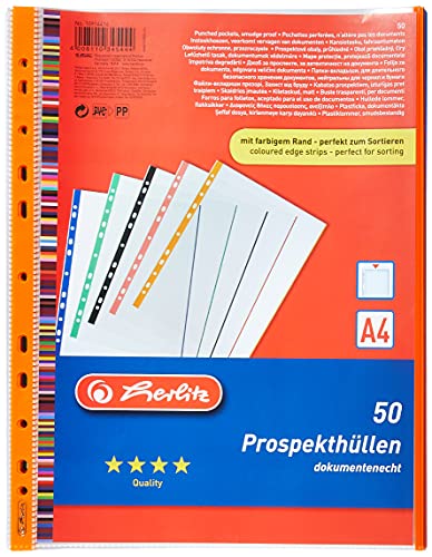 Herlitz 10914414 - Paquete de 50 portafolios de plástico A4, multicolor