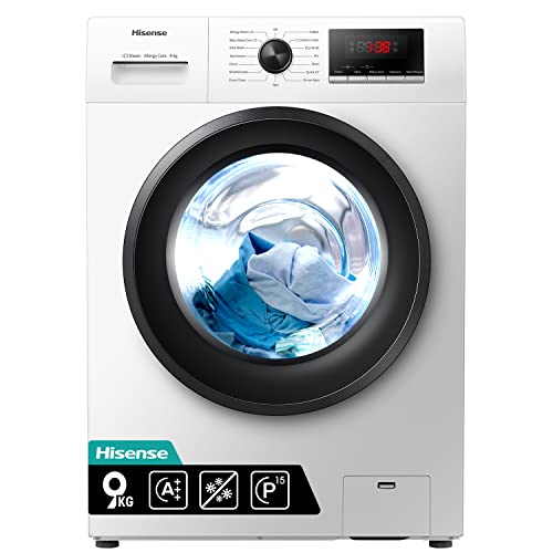 Hisense WFPV9014EM - Lavadora con Vapor, Carga Frontal 9 Kg, 1400 rpm, 16 Programas, Control de balanceo inteligente del tambor, Display LED, Programa rápido, Bloqueo Infantil