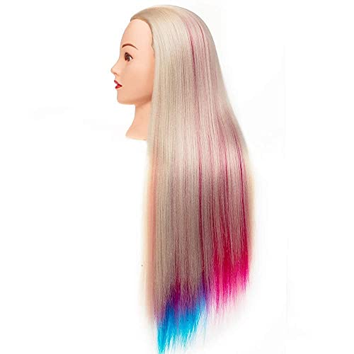 HLRM Cabeza maniquí, cabeza peluqueria pelo sintético colorido, cabeza de maniquí con pelo de 66cm, peinado de cabeza de peluquería, cabezal de entrenamiento con abrazadera de mesa para peinar trenzas