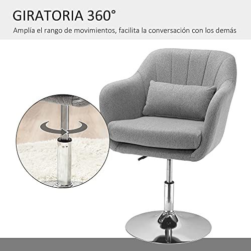 HOMCOM Taburete de Bar Giratoria 360° Silla de Oficina Cocina Peluquería con Altura Ajustable Respaldo Envolvente Reposabrazos y Cojín 60x60x79-91 cm Gris