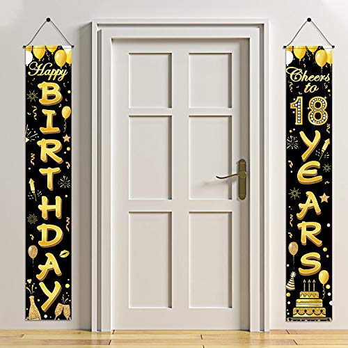 HOWAF 18 Años Cumpleaños Pancartas para 18 Años Cumpleaños Decoración Negro y Oro, Cumpleaños Banner para Puerta Porche Decoración, Banner de Feliz Cumpleaños, Saludos a la Bandera de los 18 Años