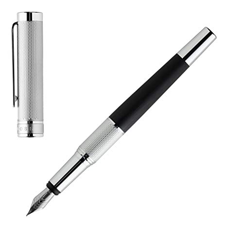 Hugo Boss: Pluma estilográfica Dual Cromo-Black. Bolígrafo con superficie grabada metálica, con inserción moderna de aluminio cepillado y anillo mate con garra Hugo Boss.