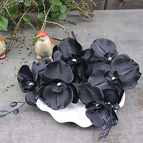 HYLYING 6 tallos de orquídea artificial, 35 cm, orquídea negra, orquídeas de seda, flores falaenopsis falso ramas de flores para bodas flores artificiales decorativas