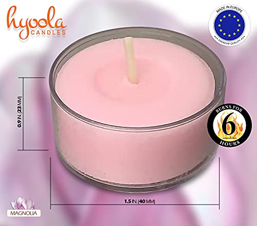 Hyoola Velas de Té Perfumadas - Velas Candelitas en Vaso Transparente - Velas Aromáticas con Aroma a Magnolia - Rosa Claro - 6 Horas de Combustión - Pack de 15 - Hechas en Europa