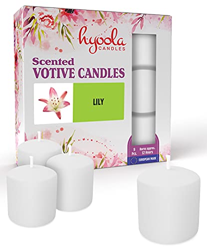 Hyoola Velas Votivas con Perfume - Velas Perfumadas con Aroma a Lirio - Blanco - 12 Horas de Combustión - Pack de 9 Velas Aromáticas - Hechas en Europa