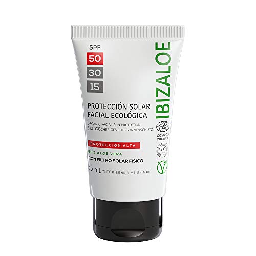 IBIZALOE Protección Solar SPF 50. 50ml. Con filtro solar físico ecológico. Biodegradable. Protege las radiaciones solares más intensas. Hidrata en profundidad. Recomendado para pieles sensibles.