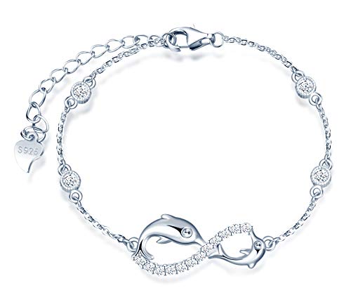 INFINIONLY Pulsera para mujer, juegos de joyas de plata esterlina 925, pulsera símbolo de infinito y delfín lindo, incrustación de zirconia, plata, Regalos de cumpleaños y Navidad