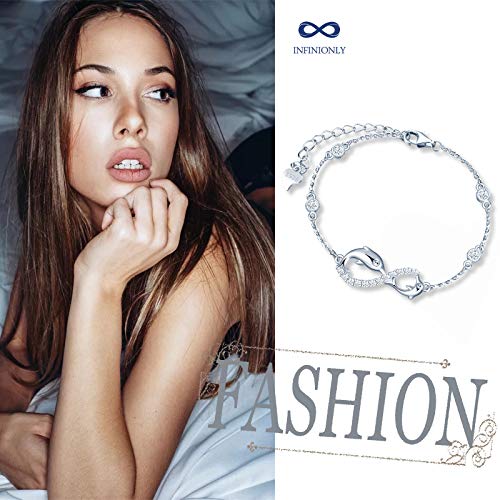 INFINIONLY Pulsera para mujer, juegos de joyas de plata esterlina 925, pulsera símbolo de infinito y delfín lindo, incrustación de zirconia, plata, Regalos de cumpleaños y Navidad