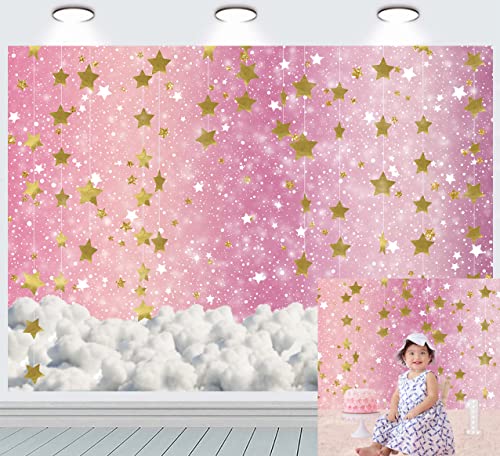 INRUI Fondo de fotografía de cielo estrellado rosa y nube blanca para colgar estrellas doradas Twinkle Twinkle Little Star Girl Baby Shower fiesta de cumpleaños telón de fondo 7 x 5 pies