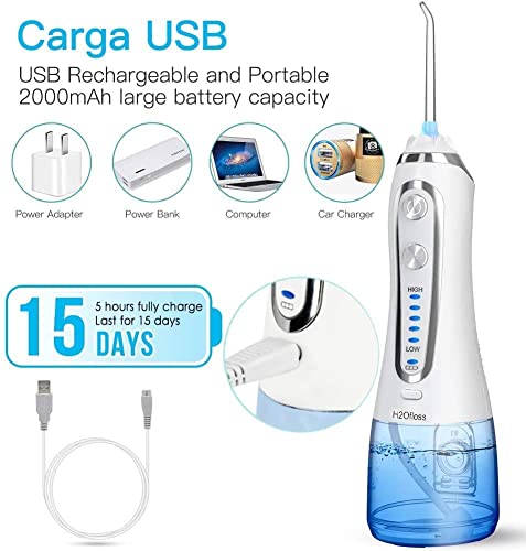 Irrigador Bucal Portátil Profesional, Irrigador Dental Multifuncional con 5 Modos, Boquillas Reemplazables, USB Recargable, IPX7 Impermeable, Irrigadores dentales para el Uso Diario y Viajes