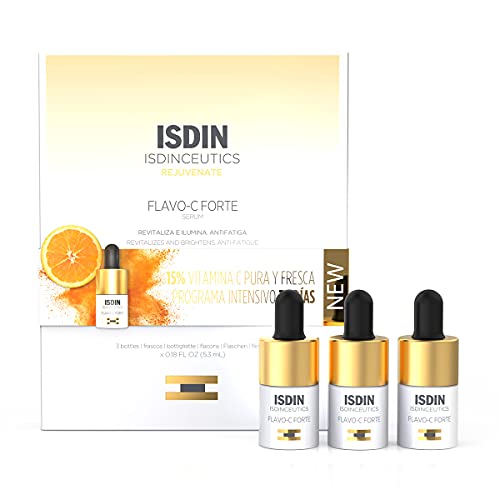 ISDIN Isdinceutics Flavo-C Forte, Sérum Facial Antioxidante con un 15% de Vitamina C Pura y Fresca, Vitamina E y Ácido Hialurónico, 3 Unidades