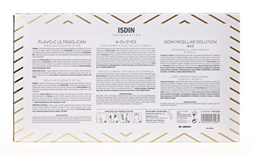 ISDIN Isdinceutics Pack rutina facial antiedad, Pack Vitamina C Facial y Ultraglicanos, Ampollas Flavo C Ultraglican, Minitalla K-OX EYES y Minitalla Agua Micelar