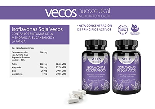 Isoflavonas de Soja con Calcio, Magnesio y Zinc 60 cápsulas Vegetales. Ayuda a aliviar los síntomas de la menopausia, el cansancio y la fatiga