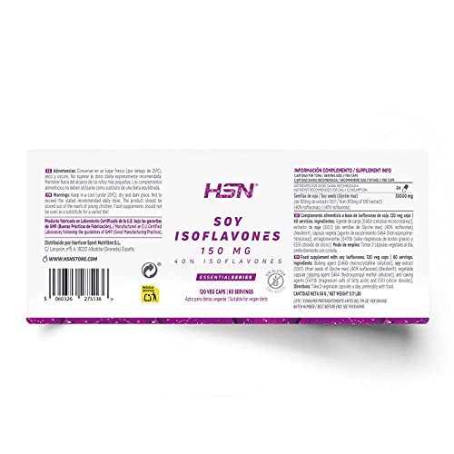 Isoflavonas de Soja de HSN | 150mg 40% Isoflavonas | Suministro para 2 Meses | Combate los Síntomas de la Menopausia: Bochornos, Sofocos | Vegano, Sin Gluten, Sin Lactosa, 120 Cápsulas Vegetales