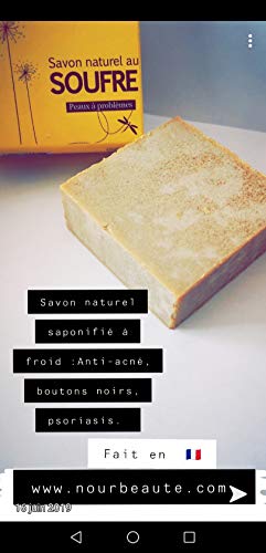 Jabón de azufre natural para acné, puntos negros Saponificado en frío, hecho a mano en Francia