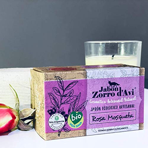 Jabón Zorro D’Avi | Jabón Natural Ecológico de Rosa Mosqueta | 120 gr | Antiestrías, Reafirmante y Regenerador | Jabón Biodegradable Zero Waste | Jabón Facial y Corporal | Fabricado en España