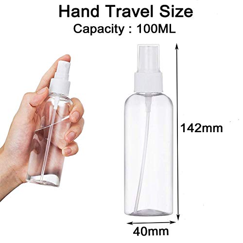 JamHooDirect - Juego de 4 atomizadores de viaje de plástico de 100 ml con 2 embudos y 12 etiquetas - botellas transparentes recargables y reutilizables para maquillaje cosmético