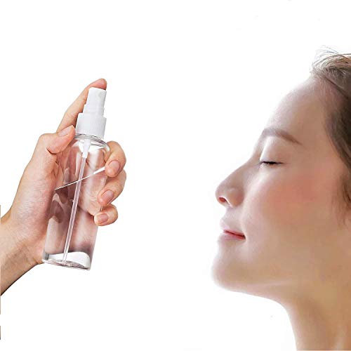 JamHooDirect - Juego de 4 atomizadores de viaje de plástico de 100 ml con 2 embudos y 12 etiquetas - botellas transparentes recargables y reutilizables para maquillaje cosmético