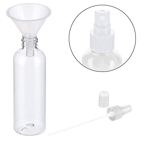 JamHooDirect - Juego de 4 atomizadores de viaje de plástico de 100 ml con 2 embudos y 12 etiquetas - botellas transparentes recargables y reutilizables para maquillaje cosmético