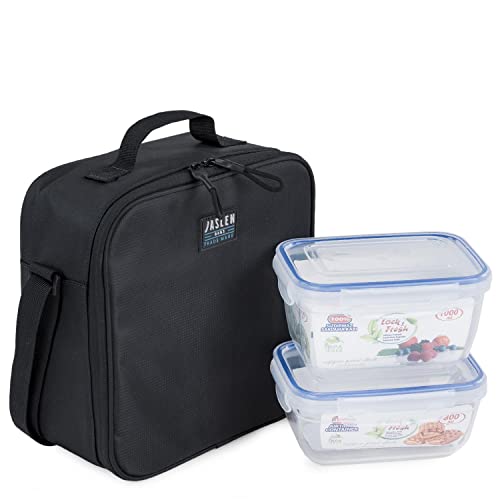 JASLEN - Térmica Bolsa Portatil + 2 recipientes herméticos 5L Hermética Comida Nevera Porta Alimentos Oficina Escuela Acampar Picnic Playa Viaje para Adultos y Niños 309446, Color Negro