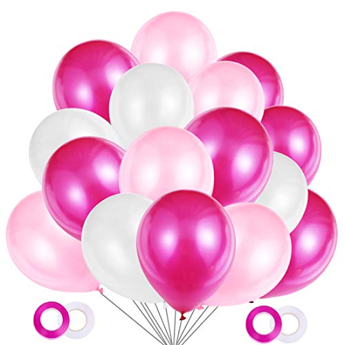 JOJOR Globos Rosas, 100 Piezas Globos Fucsia Rosa y Blancos, Globos de Helio Perlados para Fiesta Rosa, Primera Comunion, Bautizo Niña, Boda, Cumpleaños | 30 Centímetros | Helio o Aire