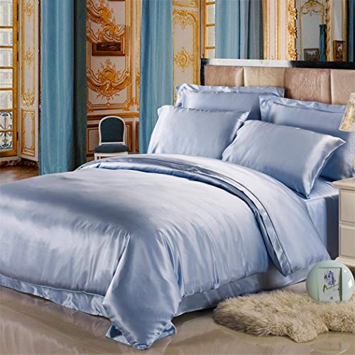 Juego de Cama de Seda de 4 Piezas, 19 Momme 100% Mulberry Luxury Queen King Funda nórdica sin Costuras, sábana Ajustable y Fundas de Almohada para el Hotel en casa Light Blue Cal King