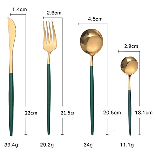 Juego de Cubiertos de 16 Piezas,Cubiertos dorados y verde acero inoxidable,Utensilios de Acero Inoxidable Juego de Servicio para 4,Incluyendo cuchillo / tenedor / cuchara / cucharadita (Oro Verde)