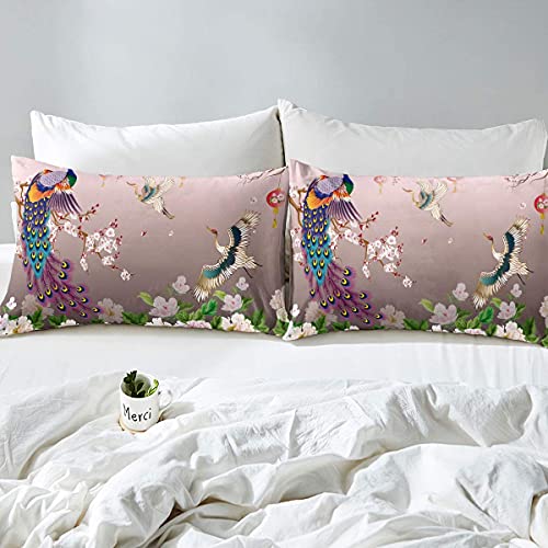 Juego de funda de edredón de estilo japonés, diseño de flor de ciruelo, juego de cama de doble tamaño, diseño floral, romántico, de lujo, 1 funda de edredón con 2 fundas de almohada