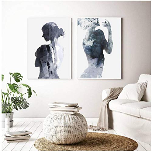 Jwqing Cuadro de pared blanco y negro, lienzo nórdico, póster de mujer de sombra fina, decoración para el hogar, arte abstracto (40 x 60 cmx2 sin marco)